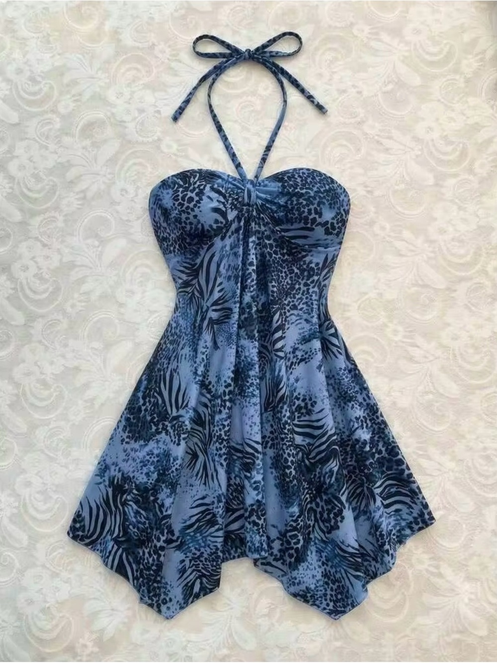 Black, Light & Dark Blue Animal Print, Patchwork, Halter, Asymmetrical Dress